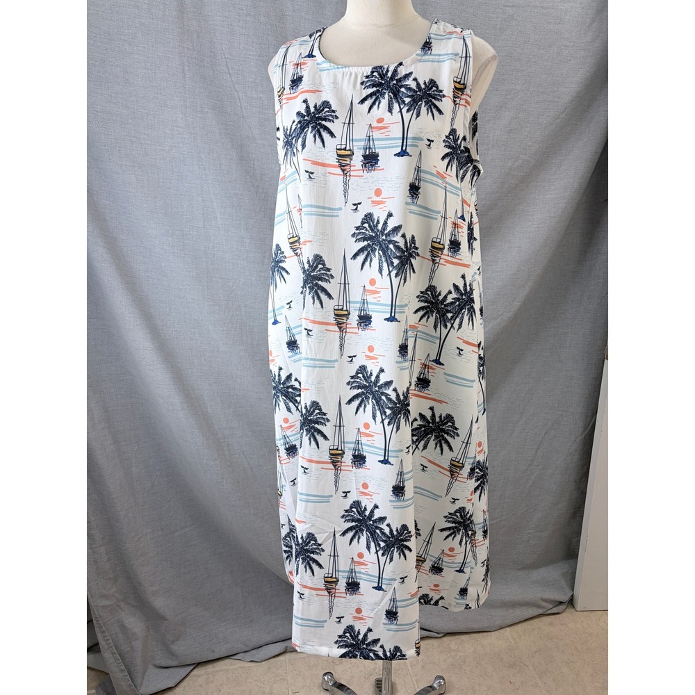 Fairhope Palm‎ Tree Sailboat Print Sleeveless Maxi Dress Pockets L Summer Resort